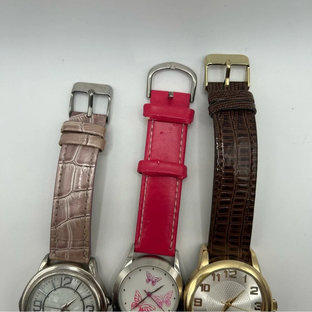 Set of Three Women's Fashion Watches - Pink, Tan & Brown Straps
